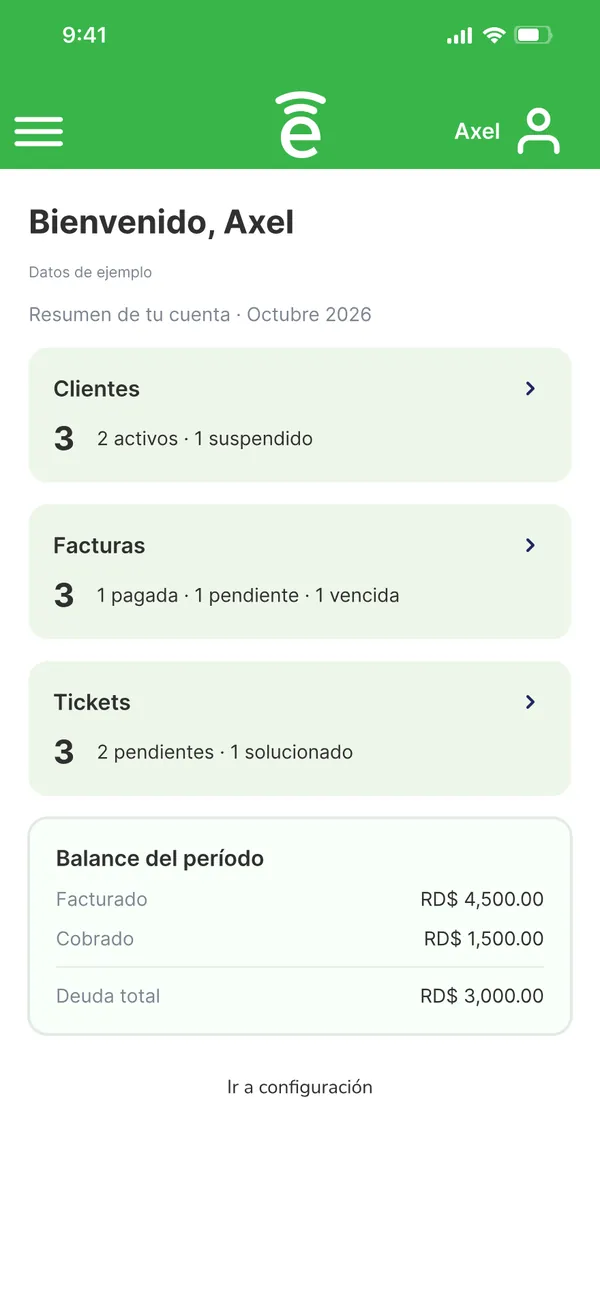 Inicio con resumen de clientes, facturas y tickets